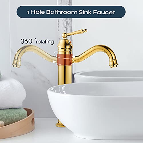 gotonovo Bathroom Sink Faucets Polished Gold One Hole Single Handle Tall Body Swivel Spout Gold Finish Pop Up Drain Without Overflow Vessel Faucet