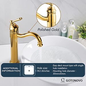 gotonovo Bathroom Sink Faucets Polished Gold One Hole Single Handle Tall Body Swivel Spout Gold Finish Pop Up Drain Without Overflow Vessel Faucet