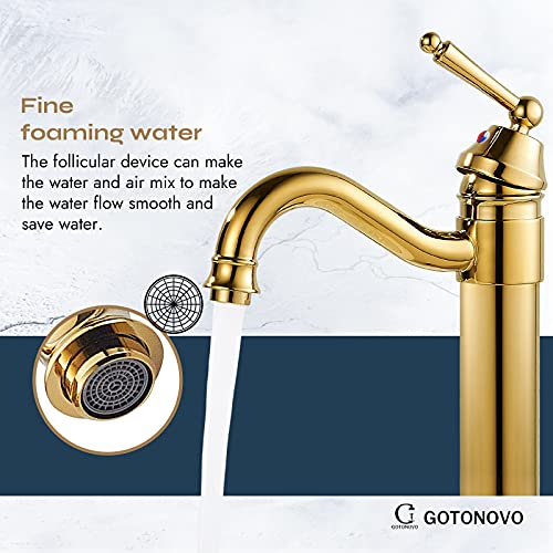 gotonovo Bathroom Sink Faucets Polished Gold One Hole Single Handle Tall Body Swivel Spout Gold Finish Pop Up Drain Without Overflow Vessel Faucet