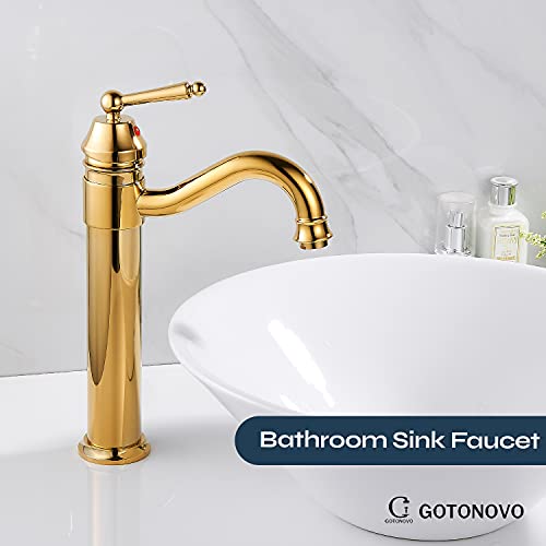 gotonovo Bathroom Sink Faucets Polished Gold One Hole Single Handle Tall Body Swivel Spout Gold Finish Pop Up Drain Without Overflow Vessel Faucet