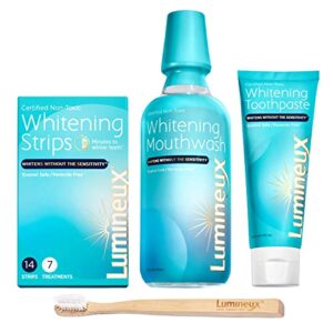 lumineux teeth whitening kit - includes 7 whitening treatments, 1 mouthwash, 1 toothpaste & 1 toothbrush - natural & enamel safe for sensitive teeth - fluoride free, sls free & dentist formulated