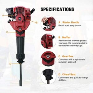 1700W Heavy Duty Demolition Jack Hammer with Pointed Chisel&Flat Chisel, 2-Stroke Gas Powered Demolition Jack Hammer Concrete Breaker 52CC Demolition Hammer Chisel 1.2L Concrete Breaker Hammer