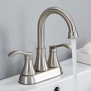 valisy lead-free commercial 2-handle brushed nickel bathroom sink faucet, 360° swivel high-arc spout 4 inch centerset lavatory vanity faucets set for bathroom sink with pop-up drain & water hoses