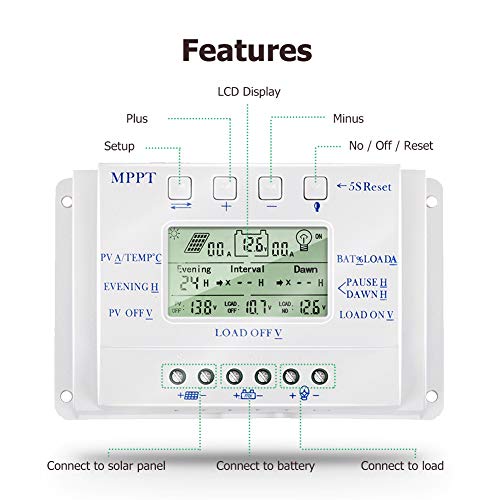 MPPT T-30 Solar Charge Controller 12V 24V for Max 48V Input with LCD Display,Compatible MPPT Charge Controller PWM Intelligent/Efficient/Energy Saving