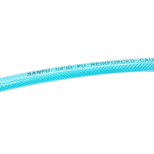 SANFU Polyurethane(PU) Reinforced 1/4”ID(6.3 x 9.8mm) x 100ft, Air Hose With 1/4” Swivel MNPT Solid Brass Quick Coupler and Plug, Transparent Blue(100’)