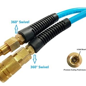 SANFU Polyurethane(PU) Reinforced 1/4”ID(6.3 x 9.8mm) x 100ft, Air Hose With 1/4” Swivel MNPT Solid Brass Quick Coupler and Plug, Transparent Blue(100’)