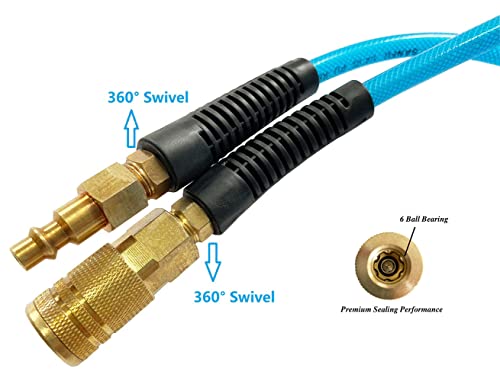 SANFU Polyurethane(PU) Reinforced 1/4”ID(6.3 x 9.8mm) x 100ft, Air Hose With 1/4” Swivel MNPT Solid Brass Quick Coupler and Plug, Transparent Blue(100’)