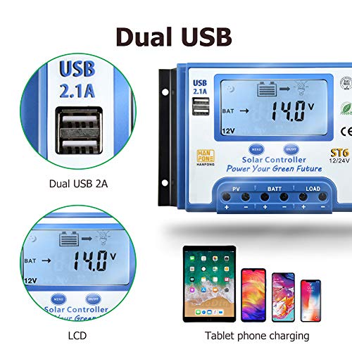 60A Solar Charge Controller 12V/24V Automatic Voltage Recognition Solar Panel Charging Discharge Regulator with Dual 5V USB Output Backlight LCD Display