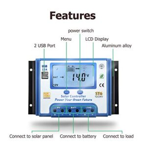 60A Solar Charge Controller 12V/24V Automatic Voltage Recognition Solar Panel Charging Discharge Regulator with Dual 5V USB Output Backlight LCD Display
