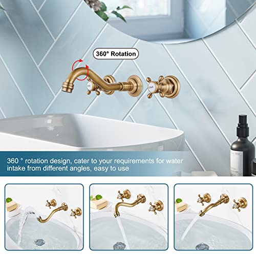 Antique Brass Bathroom Widespread Sink Faucet Wall Mount 3 Holes 2 Cross Knobs Brass Lavatory Basin Mixer Tap Mixing Spout Double Handles Commercial