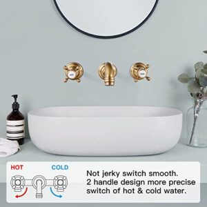 Antique Brass Bathroom Widespread Sink Faucet Wall Mount 3 Holes 2 Cross Knobs Brass Lavatory Basin Mixer Tap Mixing Spout Double Handles Commercial