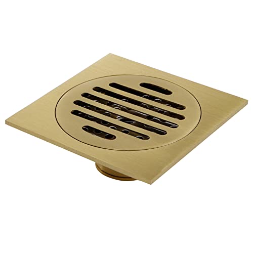 3.9-inch Copper Shower Floor Drain with Removable Strainer Cover, Antrader Square Anti-Clogging Bathroom Accessory, Gold