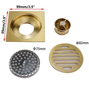 3.9-inch Copper Shower Floor Drain with Removable Strainer Cover, Antrader Square Anti-Clogging Bathroom Accessory, Gold