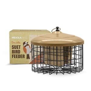 mekkapro bird feeder squirrel proof with hanging metal roof, bird feeder for outside wild birds, two suet capacity, very adaptable and easy to use wild bird feeder, caged design
