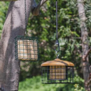 MEKKAPRO Suet Feeder with Hanging Metal Roof, One Suet Capacity, Suet Bird Feeder for Outside Hanging Water Resistant, Hanging Bird Feeder - Wild Bird Feeder Easy to Use Suet Cage (Single)