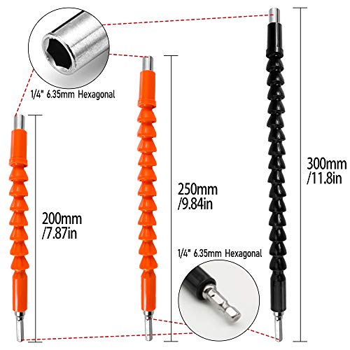 VEINARDYL 5 pcs Flexible Drill Bit Extensions, 11.8 9.8 7.9 inch 1/4'' Hex Shank Screwdriver Connection Shaft Tip Flex Drive Quick Connect Adapter Power Tool Kit - Black, Red, Orange