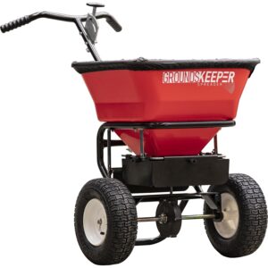 buyers products multi-purpose walk behind push spreader 3039632r grounds keeper, 100 pound capacity, multi use tool for grass seed, salt, de-icer, fertilizer and seeds