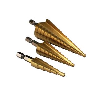 hfs (r) 3pcs hss step bits, high speed steel step drill bits set (4-12mm, 4-20mm and 4-32 mm) cone drill bits hole cutter for wood, stainless steel, sheet metal