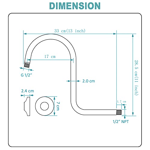 BESTILL 13 Inch S Shape Shower Head High Rise Extension Shower Arm and Flange, Brushed Nickel