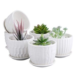 brajttt flower pots, 4 inch cylinder ceramic plant pots with connected saucer, mini ceramic planters for succulent and little snake plants (6 pack, white)