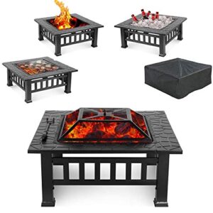 hembor 32" outdoor fire pit table with grill, wood burning fireplace bowl, multi-function square stove, w/spark screen, poker, rainproof cover for picnic, camp, bonfire, bbq, patio, backyard, party
