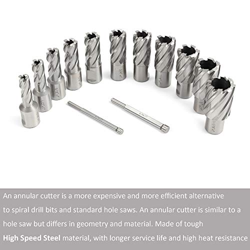Muzerdo 13pcs 3/4 Inch Weldon Shank 1" Cutting Depth and Cutting Diameter for Magnetic Drill Press HSS Standard Kit Two Flat with 2 Pilot Pins