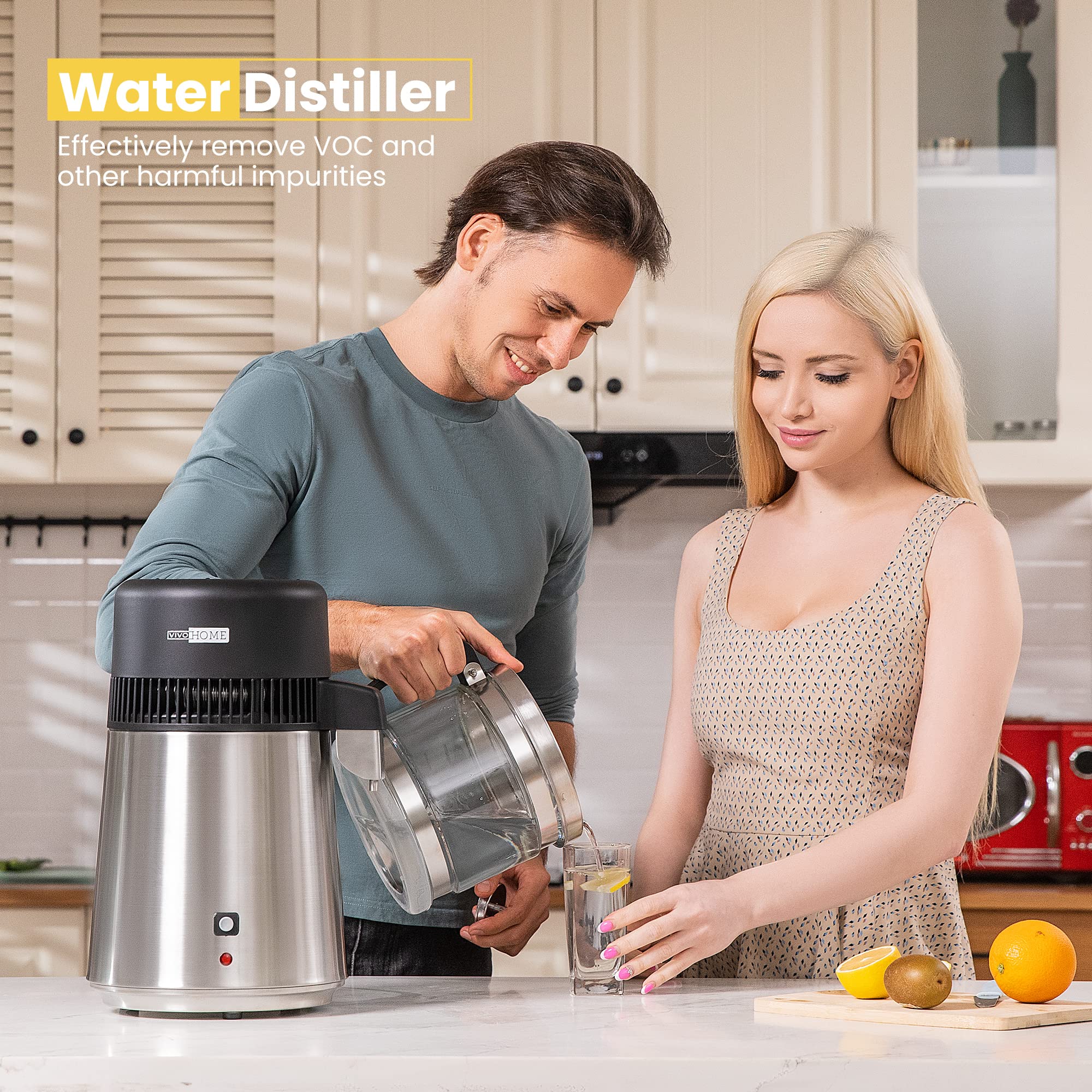 VIVOHOME Water Distiller Countertop 1.1 Gallon/4L Brushed 304 Stainless Steel Distilled Water Machine with an Extra Smart Switch Purifier Filter for Home Office