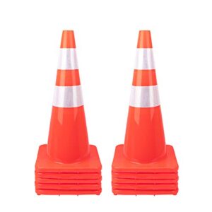 [ 10 pack ] 28" traffic cones pvc safety road parking cones weighted hazard cones construction cones for traffic fluorescent orange w/4" w/6" reflective strips collar (10)