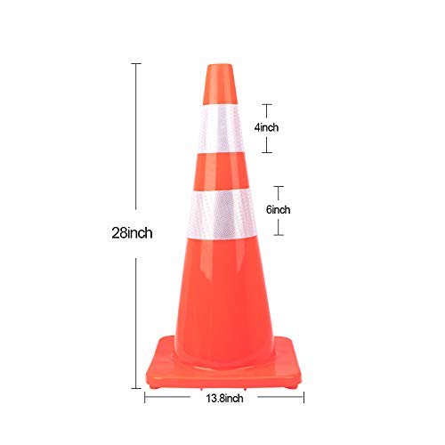 [ 10 Pack ] 28" Traffic Cones PVC Safety Road Parking Cones Weighted Hazard Cones Construction Cones for Traffic Fluorescent Orange w/4" w/6" Reflective Strips Collar (10)