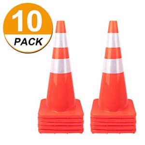 [ 10 Pack ] 28" Traffic Cones PVC Safety Road Parking Cones Weighted Hazard Cones Construction Cones for Traffic Fluorescent Orange w/4" w/6" Reflective Strips Collar (10)