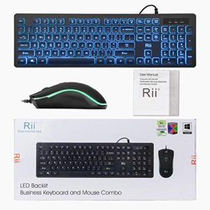 Rii Three Colors Backlit Business Keyboard,Gaming Keyboard and Mouse Combo,USB Wired Keyboard,RGB Optical Mouse for Gaming,Business Office