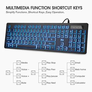 Rii Three Colors Backlit Business Keyboard,Gaming Keyboard and Mouse Combo,USB Wired Keyboard,RGB Optical Mouse for Gaming,Business Office