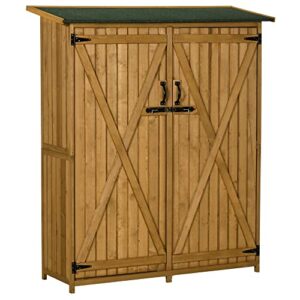 outsunny outdoor storage cabinet wooden garden shed utility tool organizer with waterproof asphalt rood, lockable doors, 3 tier shelves for lawn, backyard, natural