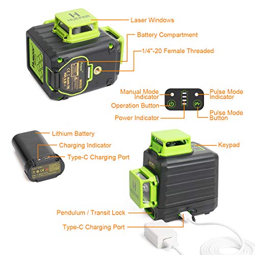 Huepar 3D Cross Line Self-leveling Laser Level 3 x 360 Green Beam Three-Plane Leveling and Alignment Laser Tool, Li-ion Battery with Type-C Charging Port & Hard Carry Case Included - B03CG Pro