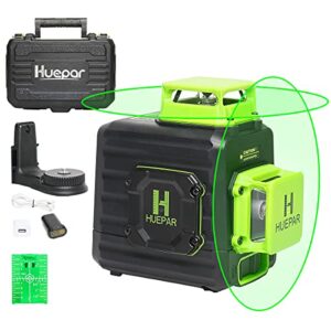 huepar 2 x 360 cross line self-leveling laser level, 360° green beam dual plane leveling and alignment laser tool, li-ion battery with type-c charging port & hard carry case included - b02cg