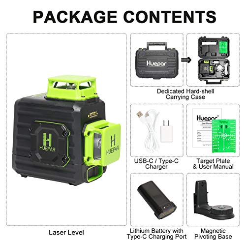 Huepar 2 x 360 Cross Line Self-leveling Laser Level, 360° Green Beam Dual Plane Leveling and Alignment Laser Tool, Li-ion Battery with Type-C Charging Port & Hard Carry Case Included - B02CG