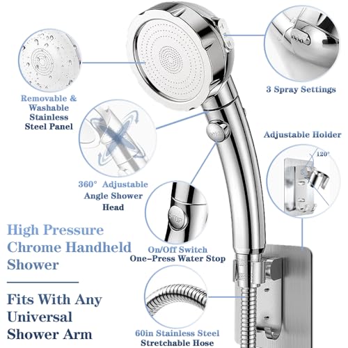 Handheld Shower Heads with Hose and Holder, High Pressure Shower Head with 3 Spray Settings and On/Off Switch Detachable Shower - (3-kit)