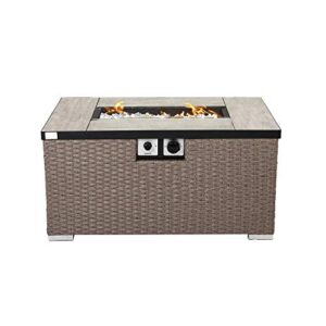 cosiest outdoor propane fire pit 32-inch x 20-inch rectangle tan wicker fire table(40,000 btu),free lava rocks and waterproof cover, fits 20lb tank outside