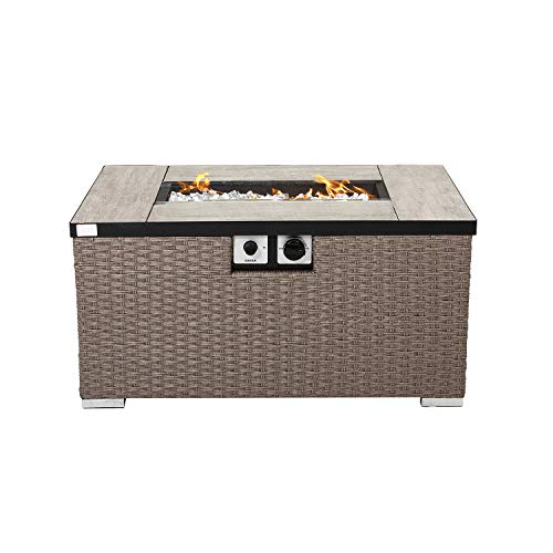 COSIEST Outdoor Propane Fire Pit 32-inch x 20-inch Rectangle Tan Wicker Fire Table(40,000 BTU),Free Lava Rocks and Waterproof Cover, Fits 20lb Tank Outside