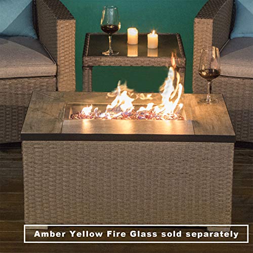 COSIEST Outdoor Propane Fire Pit 32-inch x 20-inch Rectangle Tan Wicker Fire Table(40,000 BTU),Free Lava Rocks and Waterproof Cover, Fits 20lb Tank Outside