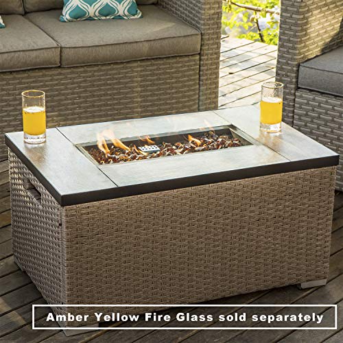 COSIEST Outdoor Propane Fire Pit 32-inch x 20-inch Rectangle Tan Wicker Fire Table(40,000 BTU),Free Lava Rocks and Waterproof Cover, Fits 20lb Tank Outside