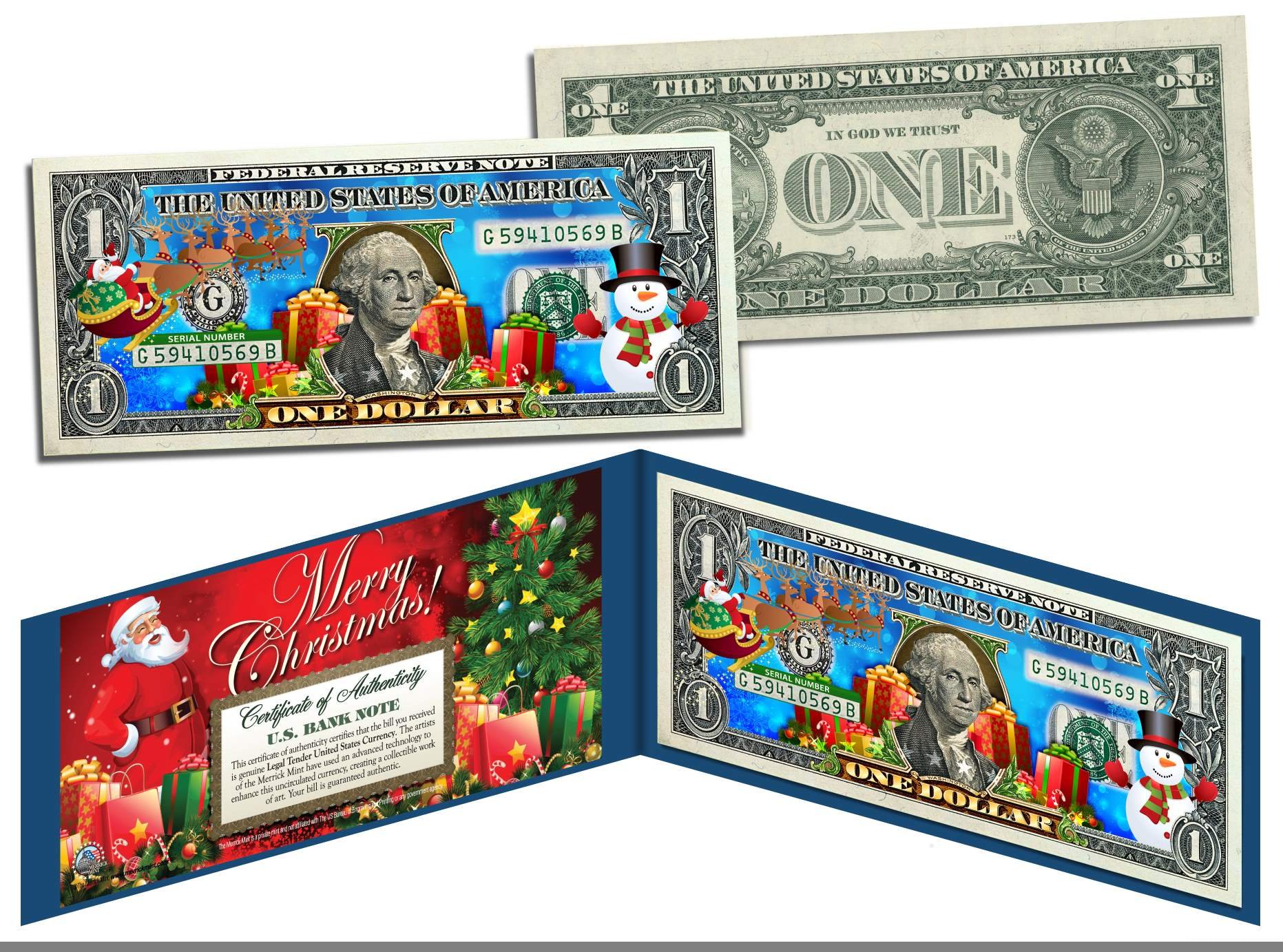 Merry Christmas Collectible Art One-Dollar Bill with Certificate Santa Snowman Jingle Buck