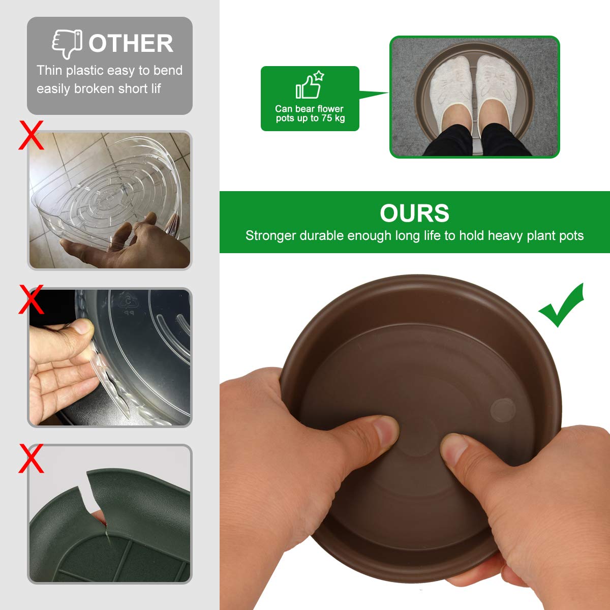 TITE Plant Saucer 12 inch, Heavy Large Planter Durable Thicker Plastic Plant Trays for Indoors and Outdoor, Plant Saucer Drip Trays,Brown (12" - 3 Pack)