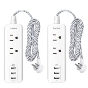 2 pack power strip with usb, 2 outlets and 3 usb ports(3.1a) travel power strip, desktop charging station with 5 ft braided extension cord, flat plug for cruise, home and office, white, etl listed