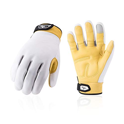 Vgo... 3Pairs Men's Goat Medium Duty Leather Work Gloves, 8mm Thick Foam Palm Pads, Touchscreen Compatible(Size L, White, GA7690)