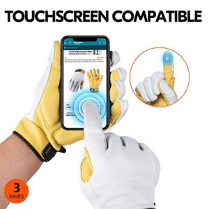 Vgo... 3Pairs Men's Goat Medium Duty Leather Work Gloves, 8mm Thick Foam Palm Pads, Touchscreen Compatible(Size L, White, GA7690)