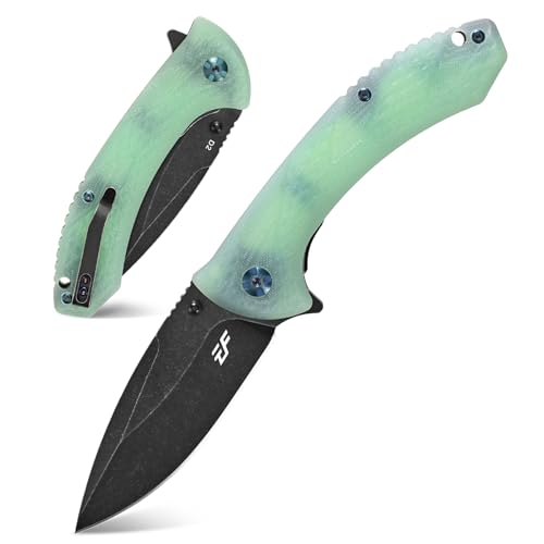 Eafengrow EF927 Pocket Knife D2 Steel Blade with Black-Oxide Coating Outdoor EDC Knife G10 Handle for Camping Work (Jade)