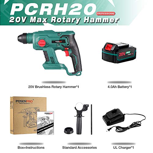 Brushless Cordless Rotary Hammer,POSENPRO 20V SDS Plus Rotary Hammer Drill,4 Modes Selector,Variable Speed,Adjustable Handle,4.0Ah Li-ion Battery and Fast Charger Included