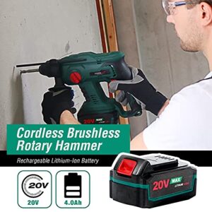 Brushless Cordless Rotary Hammer,POSENPRO 20V SDS Plus Rotary Hammer Drill,4 Modes Selector,Variable Speed,Adjustable Handle,4.0Ah Li-ion Battery and Fast Charger Included