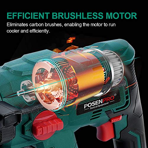 Brushless Cordless Rotary Hammer,POSENPRO 20V SDS Plus Rotary Hammer Drill,4 Modes Selector,Variable Speed,Adjustable Handle,4.0Ah Li-ion Battery and Fast Charger Included